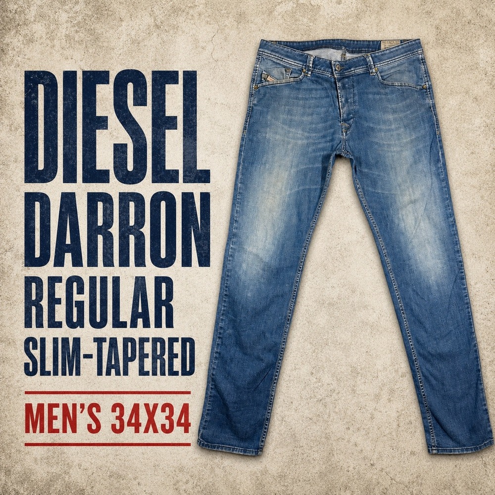 Diesel Darron Regular Slim Tapered Jeans Mens 34x34 Blue Wash 0818T Stretch